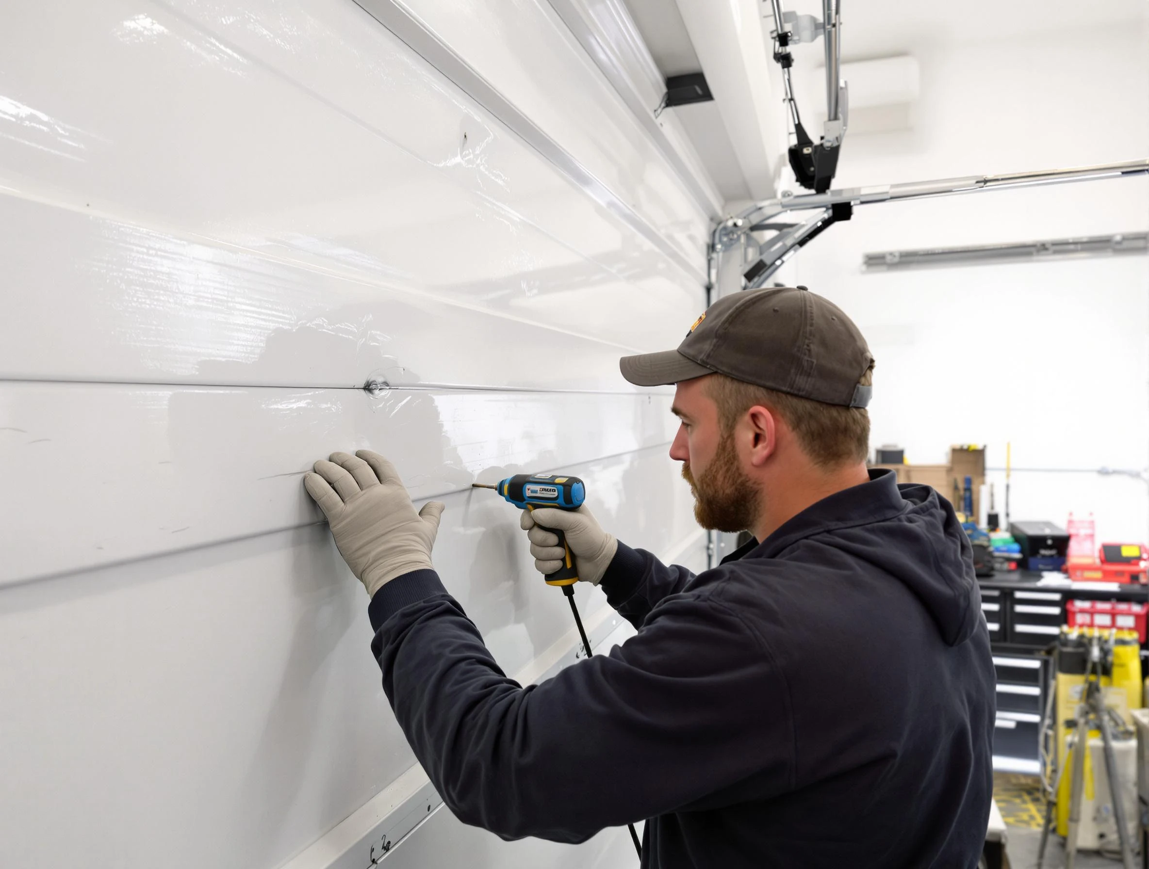 Goodlettsville Garage Door Repair technician demonstrating precision dent removal techniques on a Goodlettsville garage door